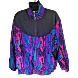 Vintage Aero Dynamics Lined Jacket Windbreaker Coat Women M/L Black Neon 80s 90s